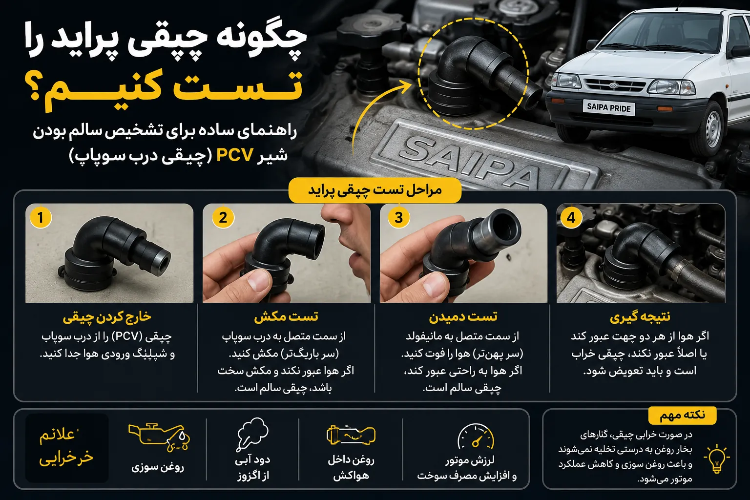 روغن سوزی وظیفه چپقی درب سوپاپ پراید؛ آیا خرابی PCV باعث روغنسوزی میشود؟ 3 چگونه چپقی پراید را تست کنیم؟