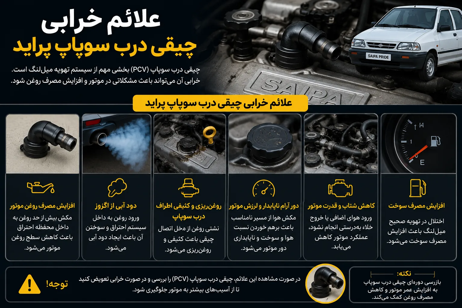 روغن سوزی وظیفه چپقی درب سوپاپ پراید؛ آیا خرابی PCV باعث روغنسوزی میشود؟ 2 علائم خرابی چپقی درب سوپاپ پراید